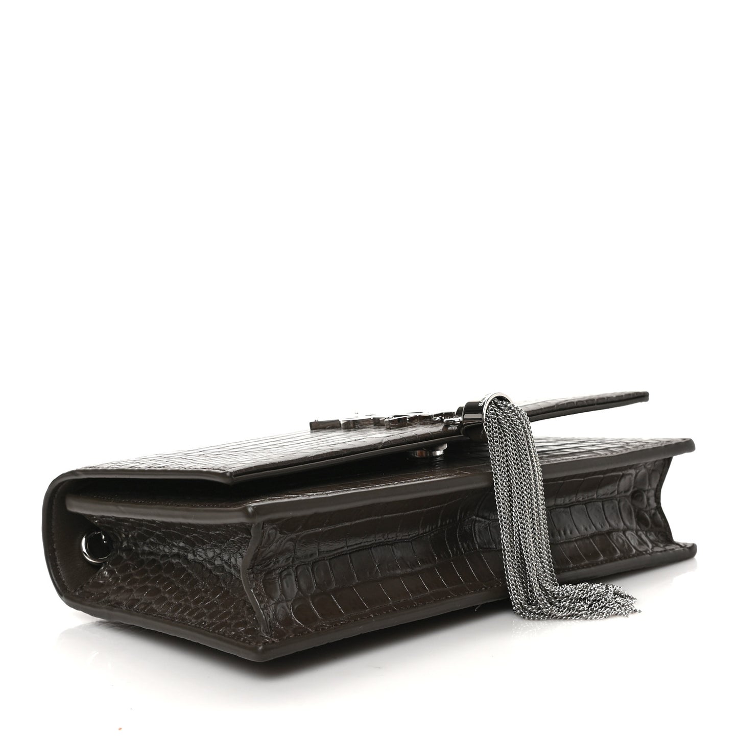 Calfskin Crocodile Embossed Kate Monogram Tassel Chain Wallet Dark Brown
