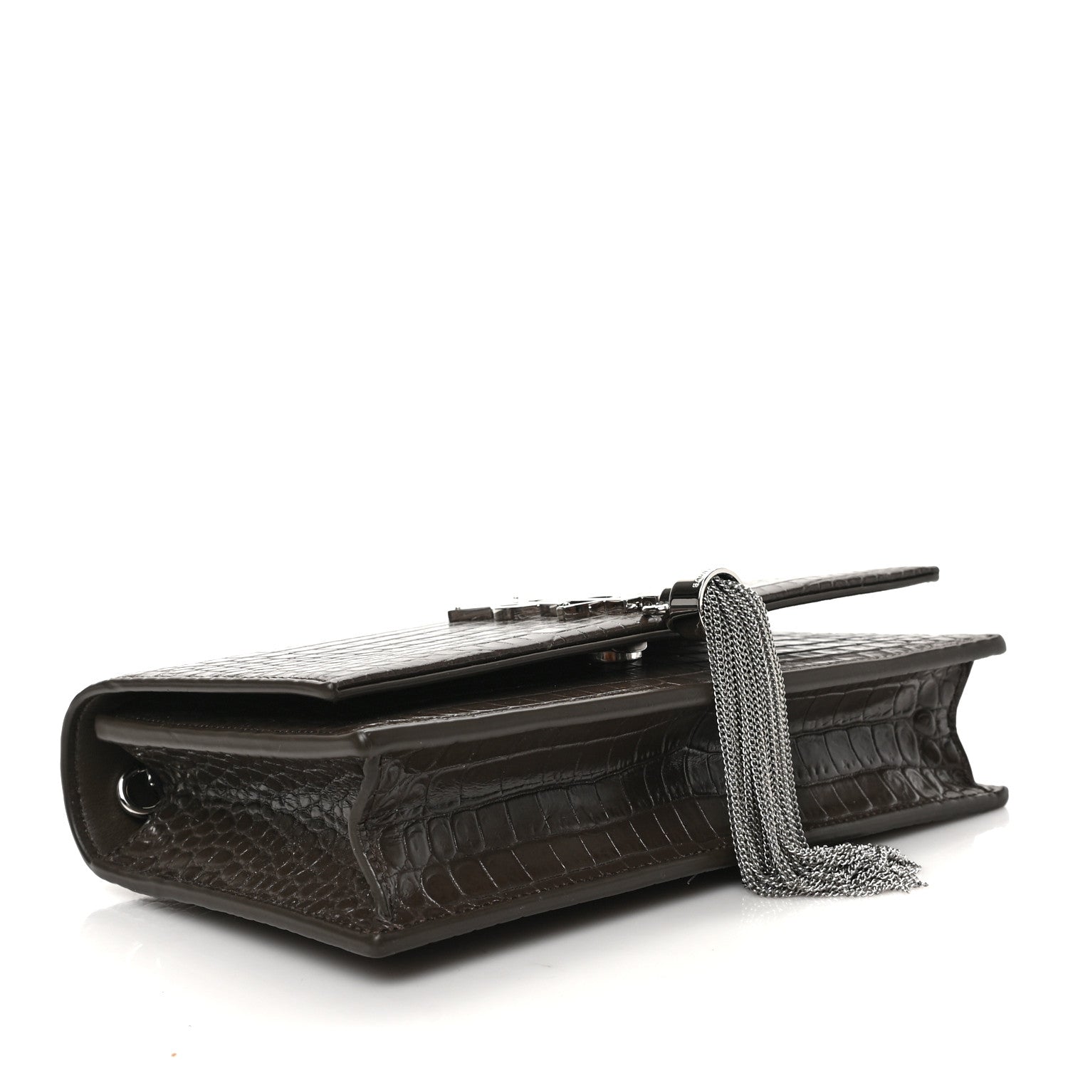 Saint Laurent Calfskin Crocodile Embossed Kate Monogram Tassel Chain Wallet Dark Brown 4 of 8