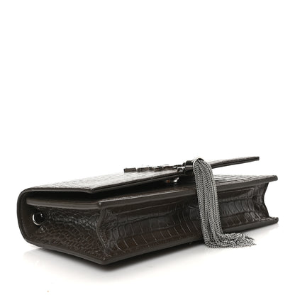 Saint Laurent Calfskin Crocodile Embossed Kate Monogram Tassel Chain Wallet Dark Brown 4 of 8