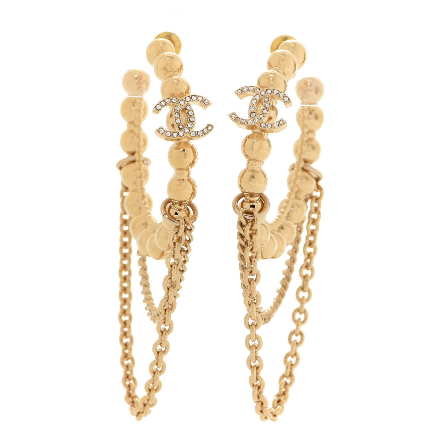 Metal Crystal Bead Chain CC Hoop Earrings Gold