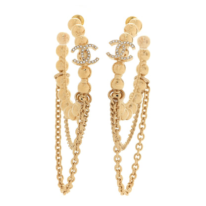 Chanel Metal Crystal Bead Chain CC Hoop Earrings Gold 1 of 5