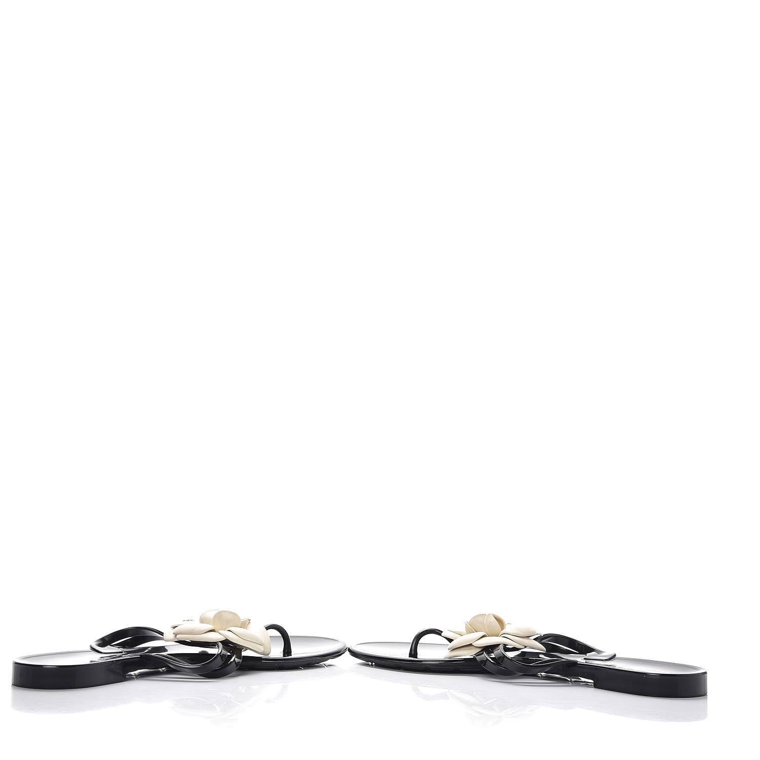 Chanel Jelly Camellia Thong Sandals 38 Black Ivory 6 of 9