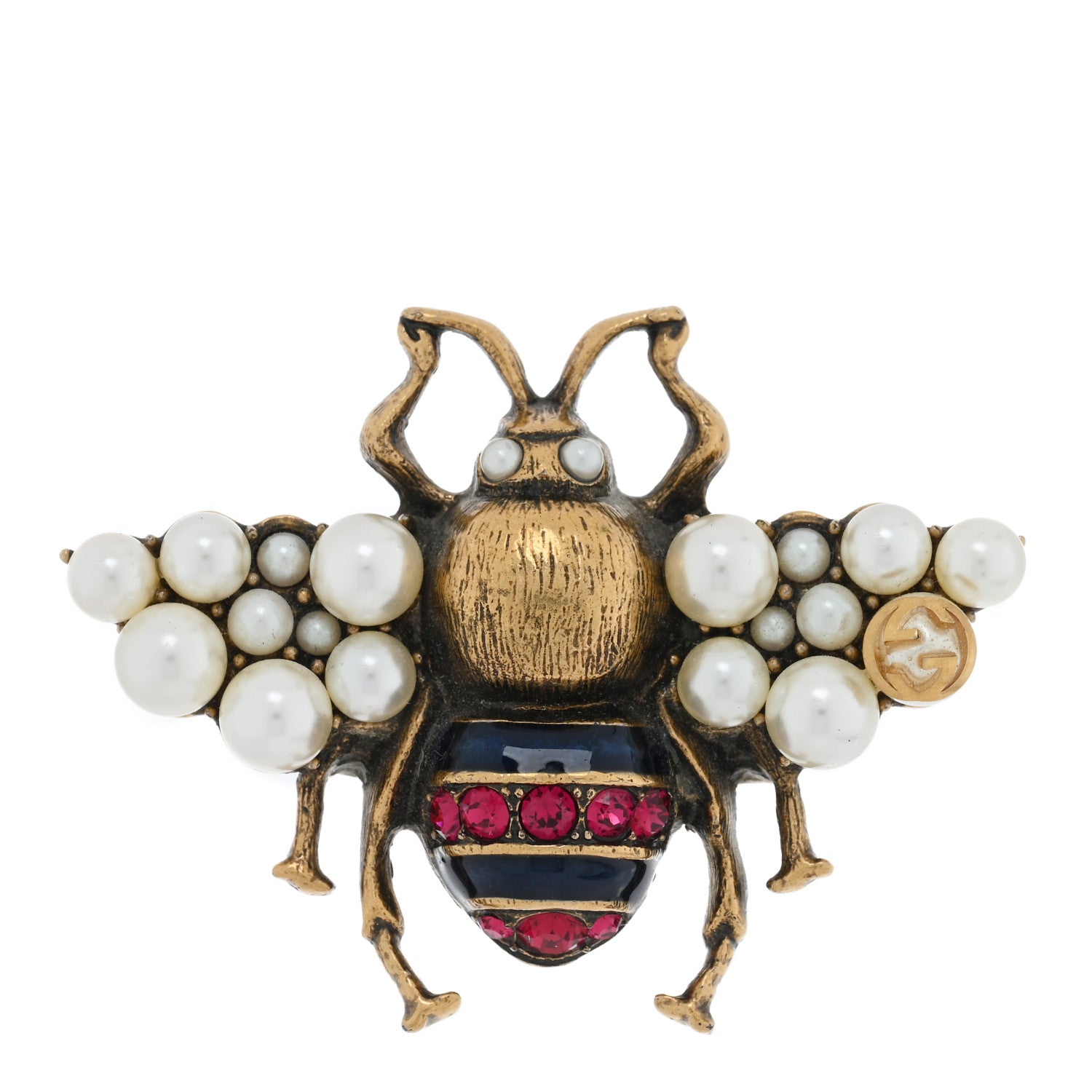Gucci Metal Crystal Pearl Bee Ring 8 Aged Gold 1 of 4