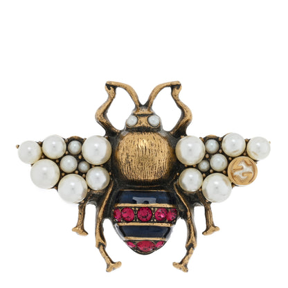 Gucci Metal Crystal Pearl Bee Ring 8 Aged Gold 1 of 4