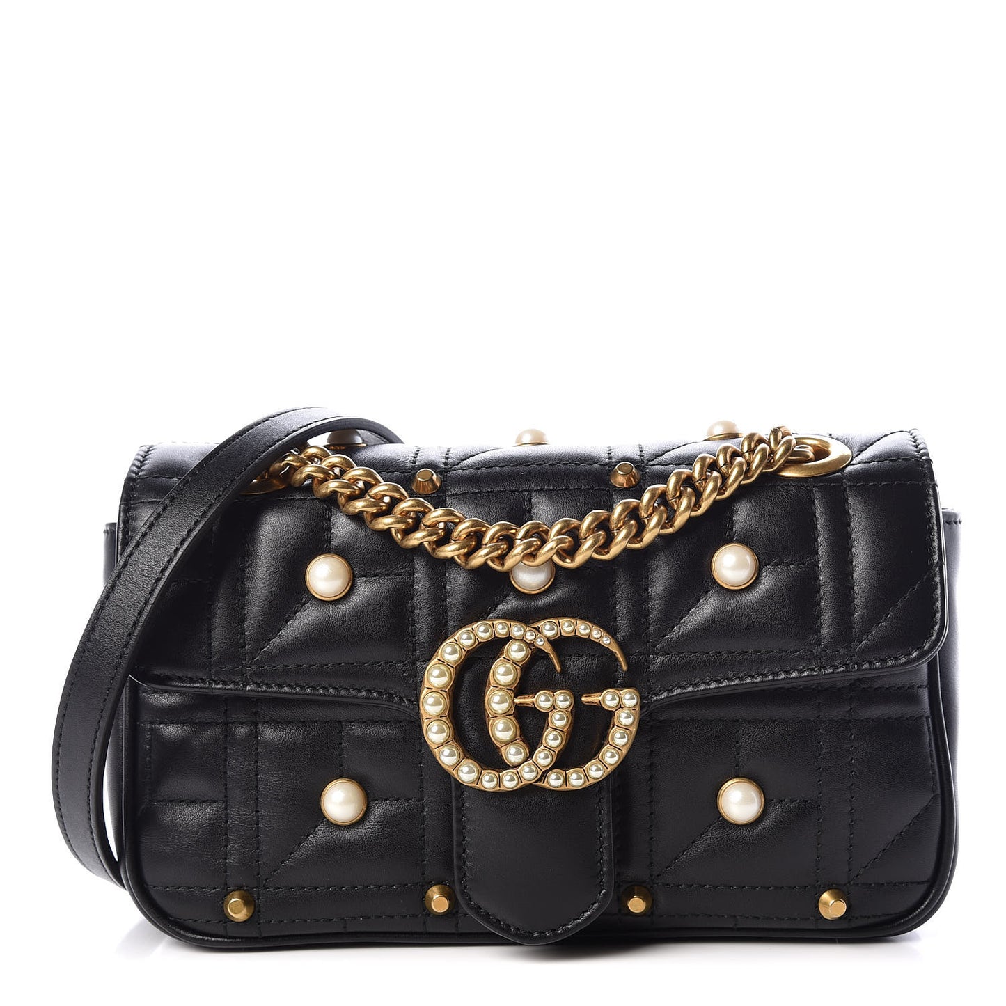 Calfskin Matelasse Studded Mini Pearly GG Marmont Shoulder Bag Black