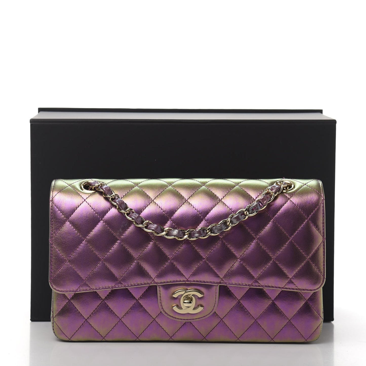 Iridescent Lambskin Quilted Medium Double Flap Purple