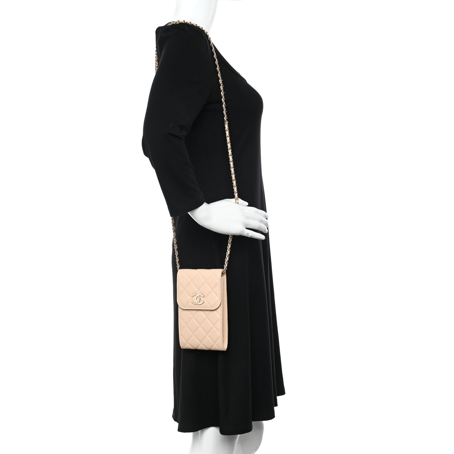 Chanel Lambskin Enamel Quilted Phone Holder With Chain Beige 2 of 12