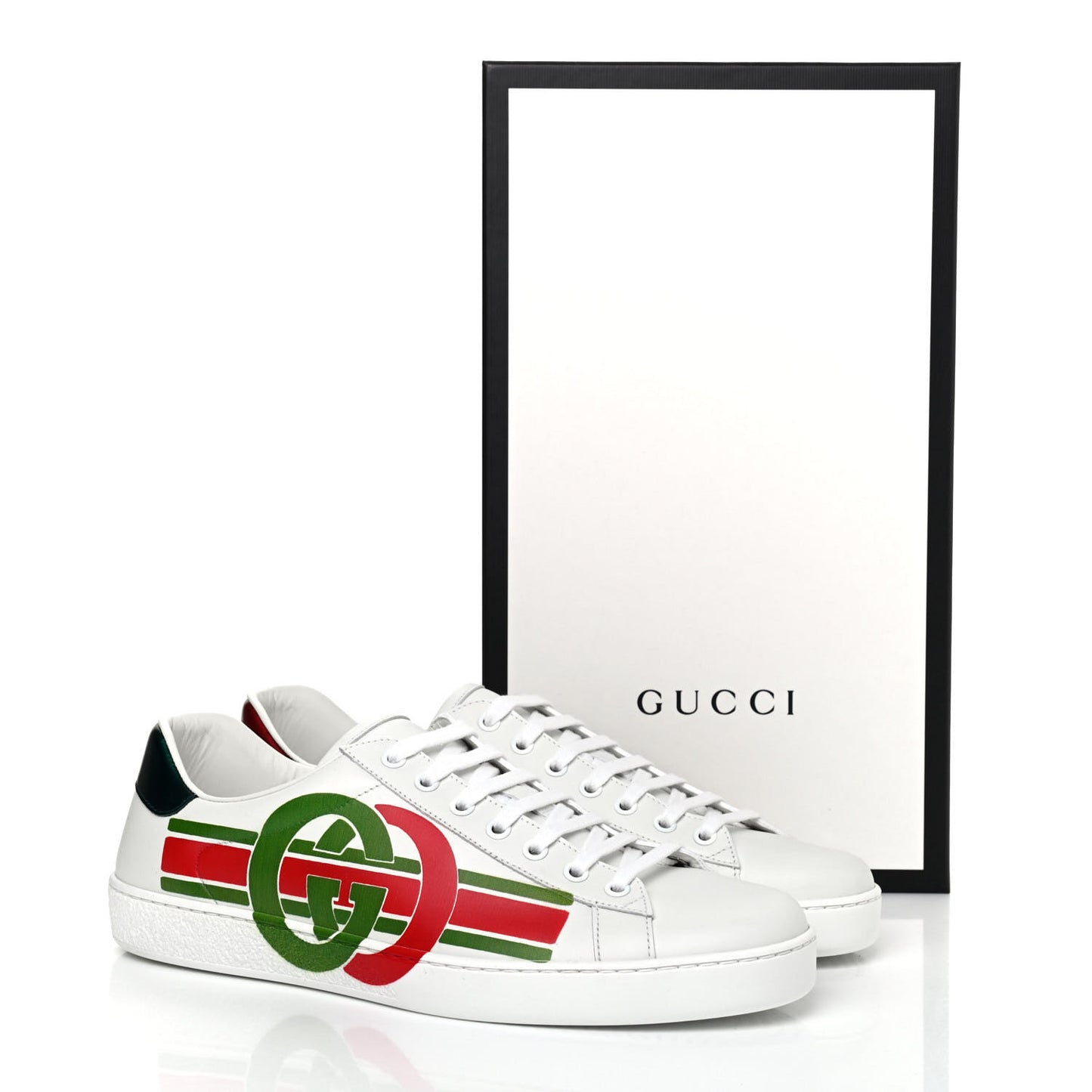 Calfskin Interlocking G Mens New Ace Sneakers 9 White Red Flame Green