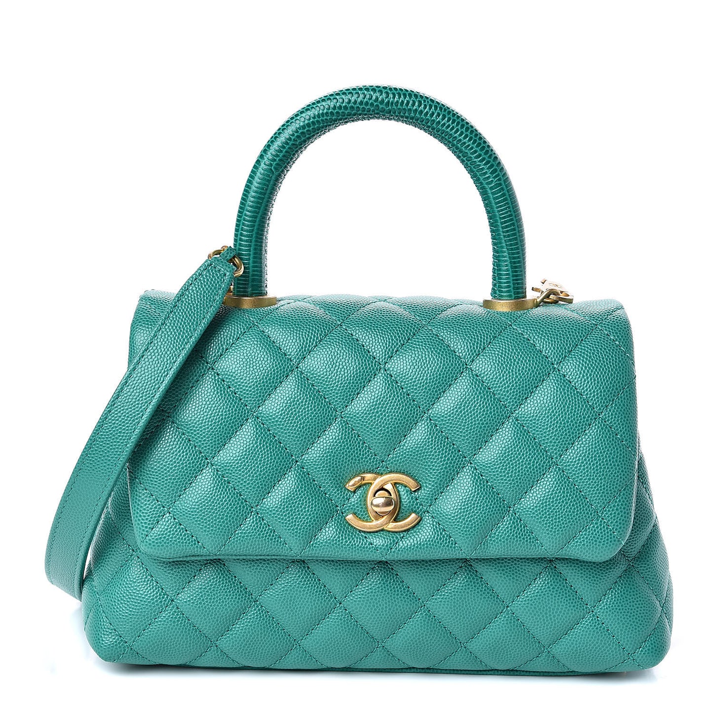 Caviar Lizard Quilted Mini Coco Handle Flap Green