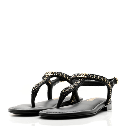 Chanel Lambskin Embroidered CC Thong Sandals 36 Black 3 of 10