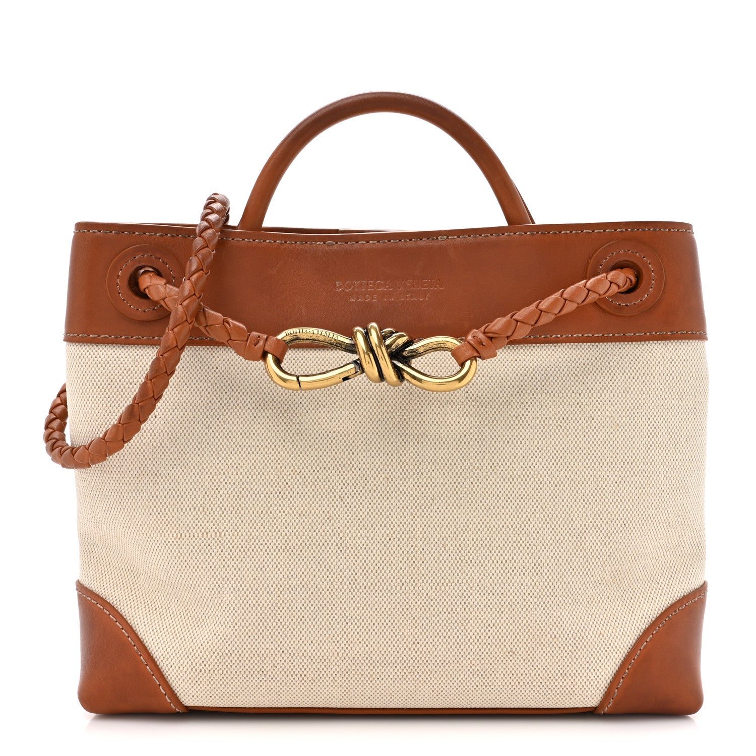 Bottega Veneta Washed Canvas Calfskin Small Andiamo Shoulder Bag Natural Light Wood 1 of 17
