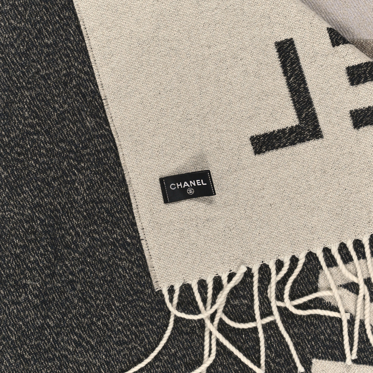 Chanel Cashmere Silk Logo Fringe Stole Beige Anthracite 3 of 3