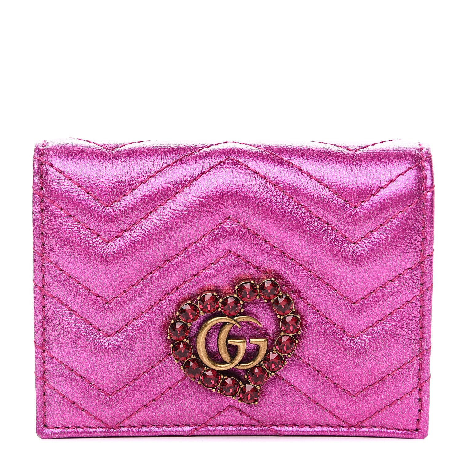 Gucci Metallic Calfskin Matelasse Crystal GG Marmont Wallet Fuchsia 1 of 8