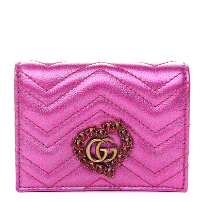 Gucci Metallic Calfskin Matelasse Crystal GG Marmont Wallet Fuchsia 1 of 8