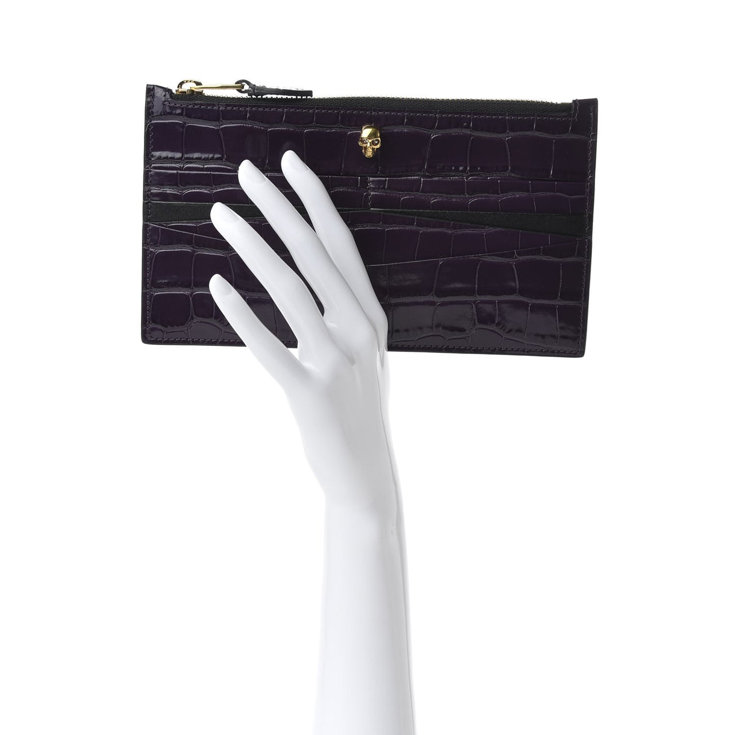 Calfskin Crocodile Embossed Skull Zip Wallet Card Holder Black