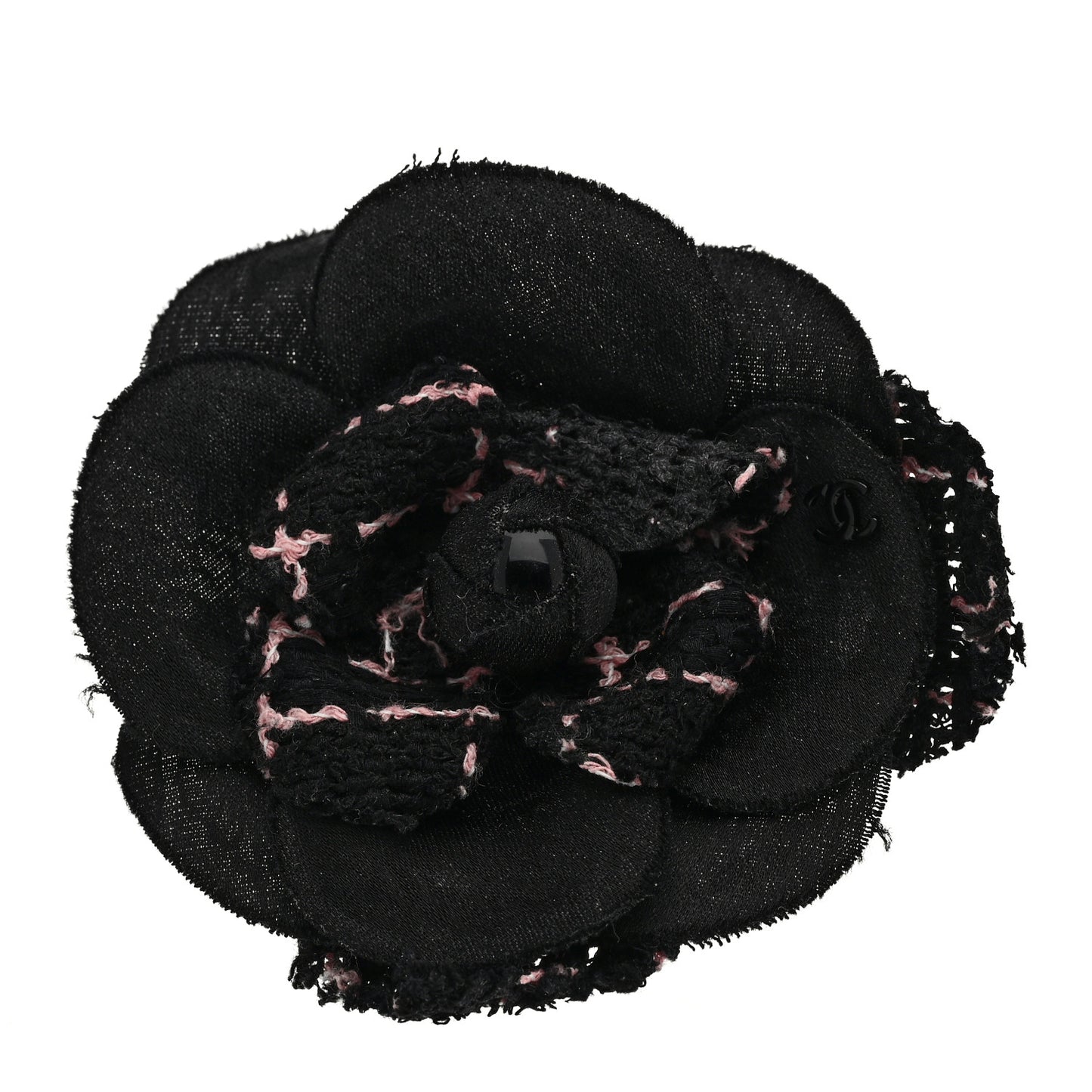 Tweed Camellia Pin Brooch Black Pink