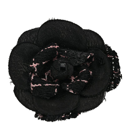 Chanel Tweed Camellia Pin Brooch Black Pink 1 of 3