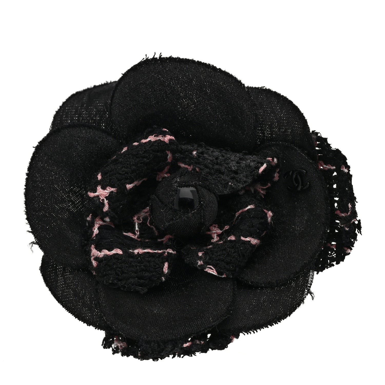 Chanel Tweed Camellia Pin Brooch Black Pink 1 of 3