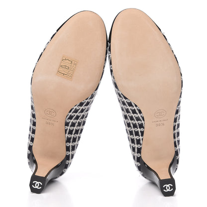 Chanel Tweed Grosgrain Cap Toe Logo Pumps 38.5 Black White Blue Pink 6 of 10