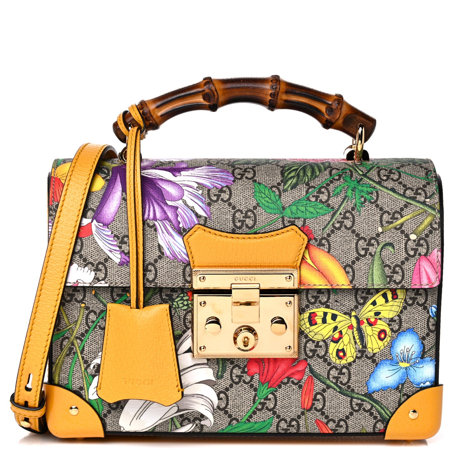 Gucci GG Supreme Monogram Flora Small Padlock Bamboo Shoulder Bag Beige Multicolor Crop 1 of 10