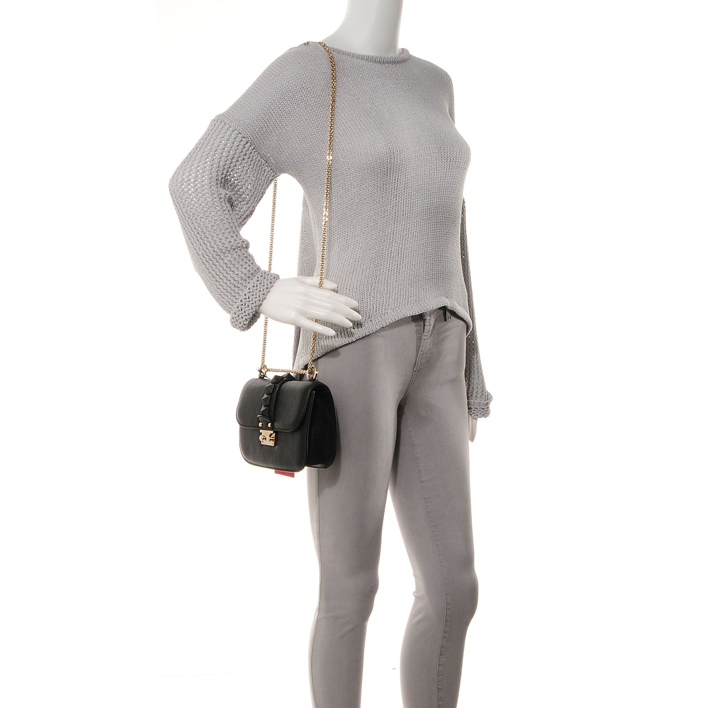Pebbled Calfskin Small Glam Lock Rockstud Flap Black