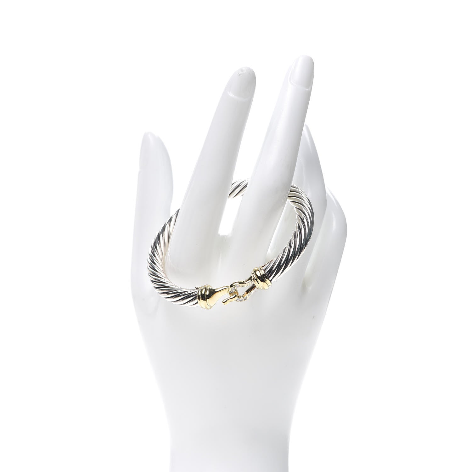 David Yurman Sterling Silver 18K Yellow Gold Diamond 7mm Cable Buckle Bracelet 2 of 5