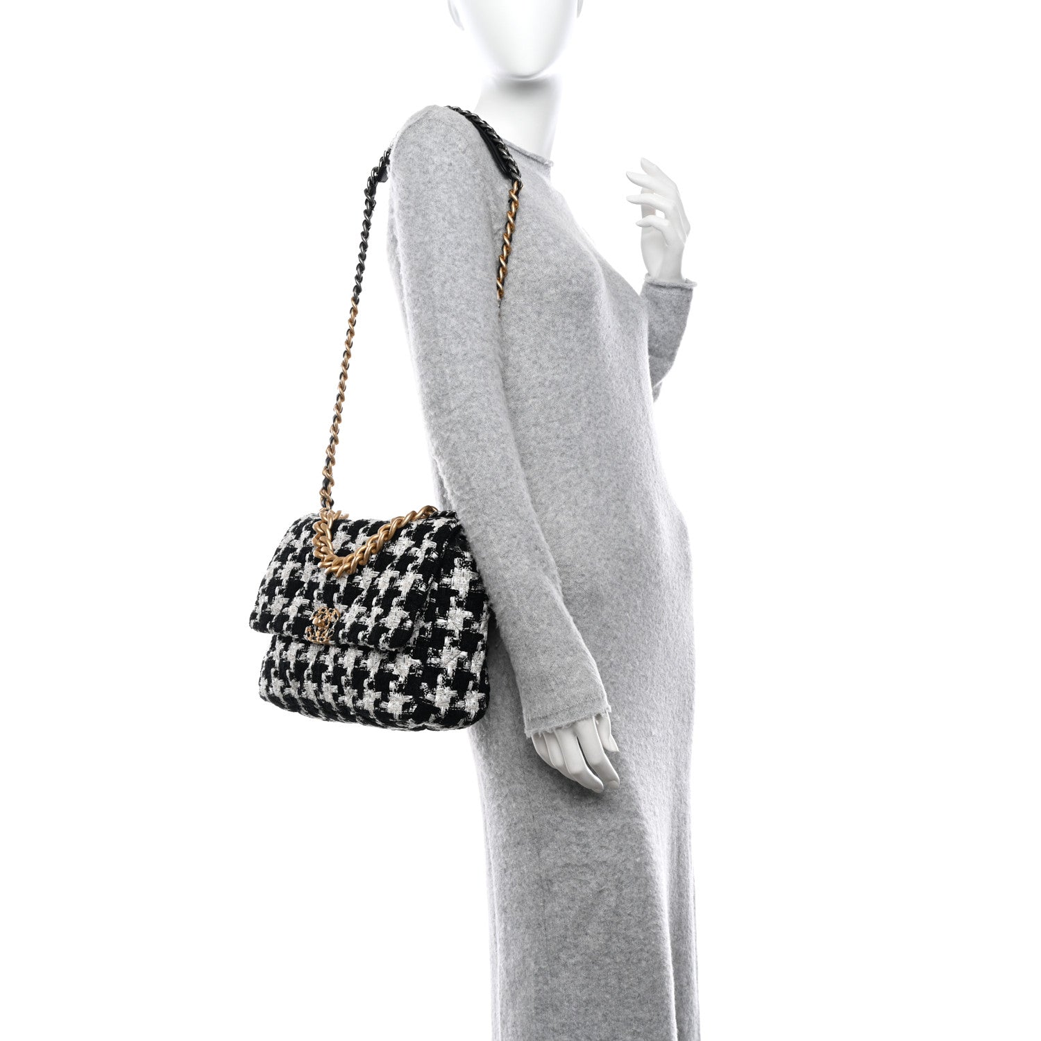 Chanel Tweed Quilted Large Chanel 19 Flap Black Ecru White 2 of 10