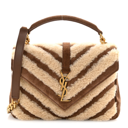 Saint Laurent Nubuck Shearling Chevron Monogram Medium College Bag Dark Cigar Natural Beige 1 of 13