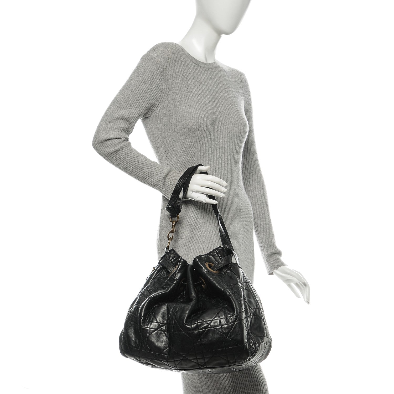 Christian Dior Lambskin Cannage Stitched Drawsting Tote Black 2 of 8