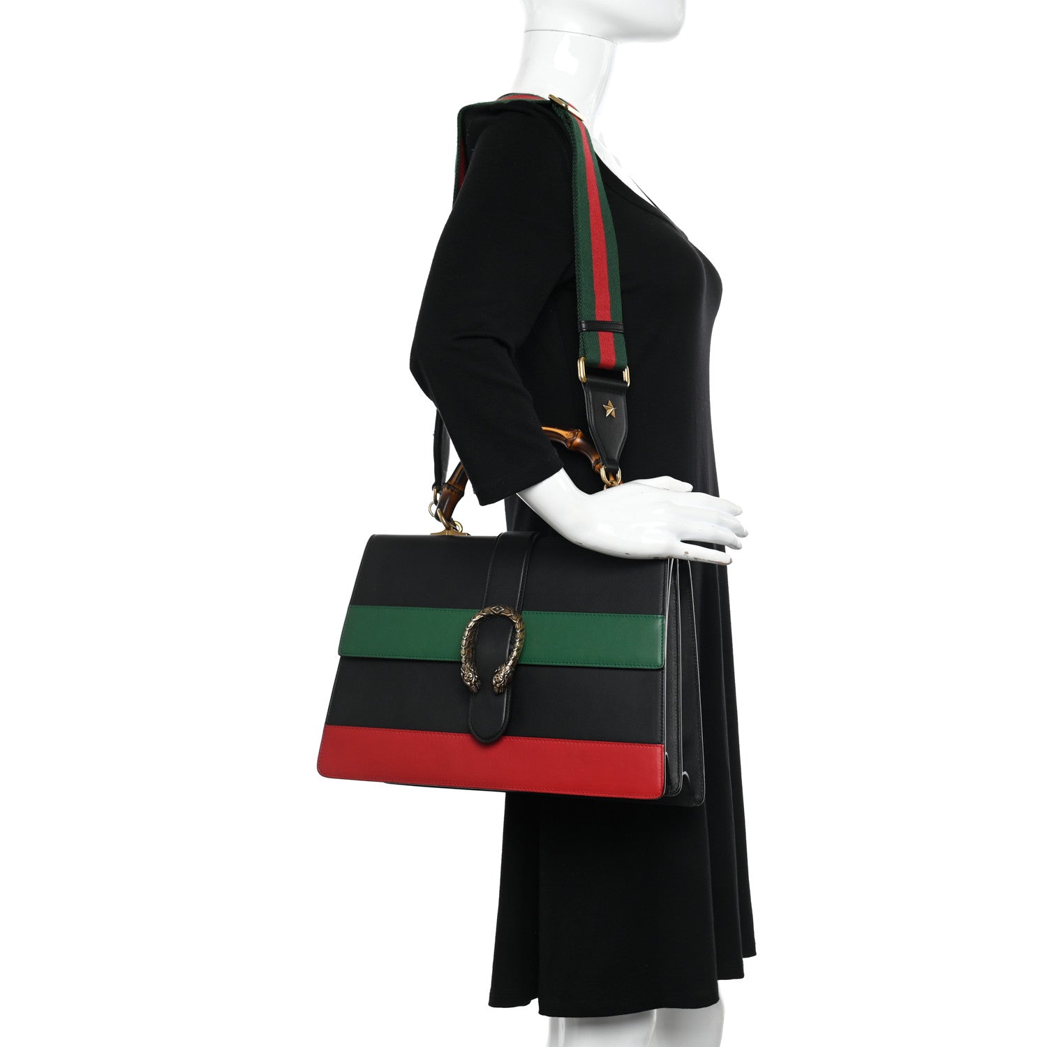 Gucci Calfskin Bamboo Web Large Dionysus Top Handle Bag Black Bright Evergreen Hibiscus Red 2 of 14