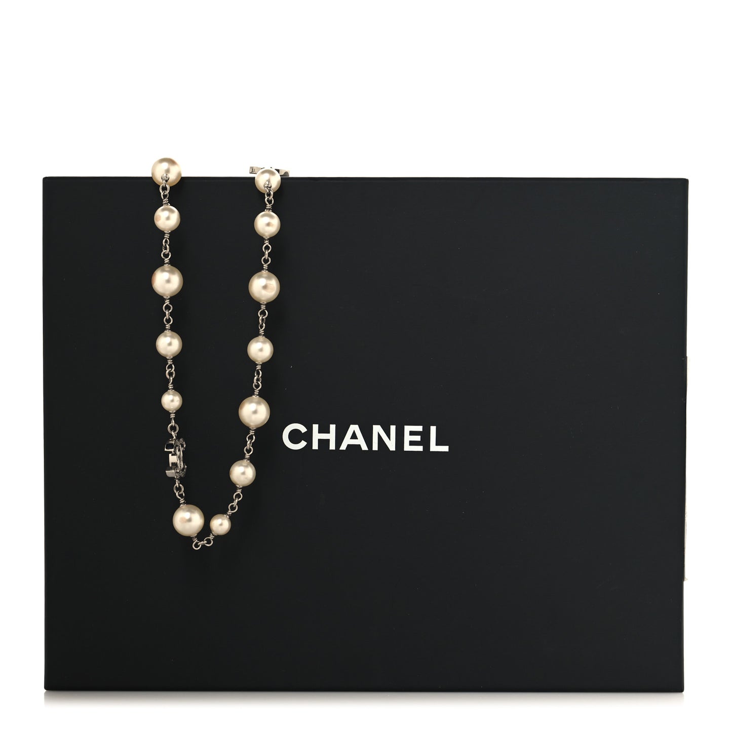 Graduated Pearl Crystal CC Long Necklace Silver