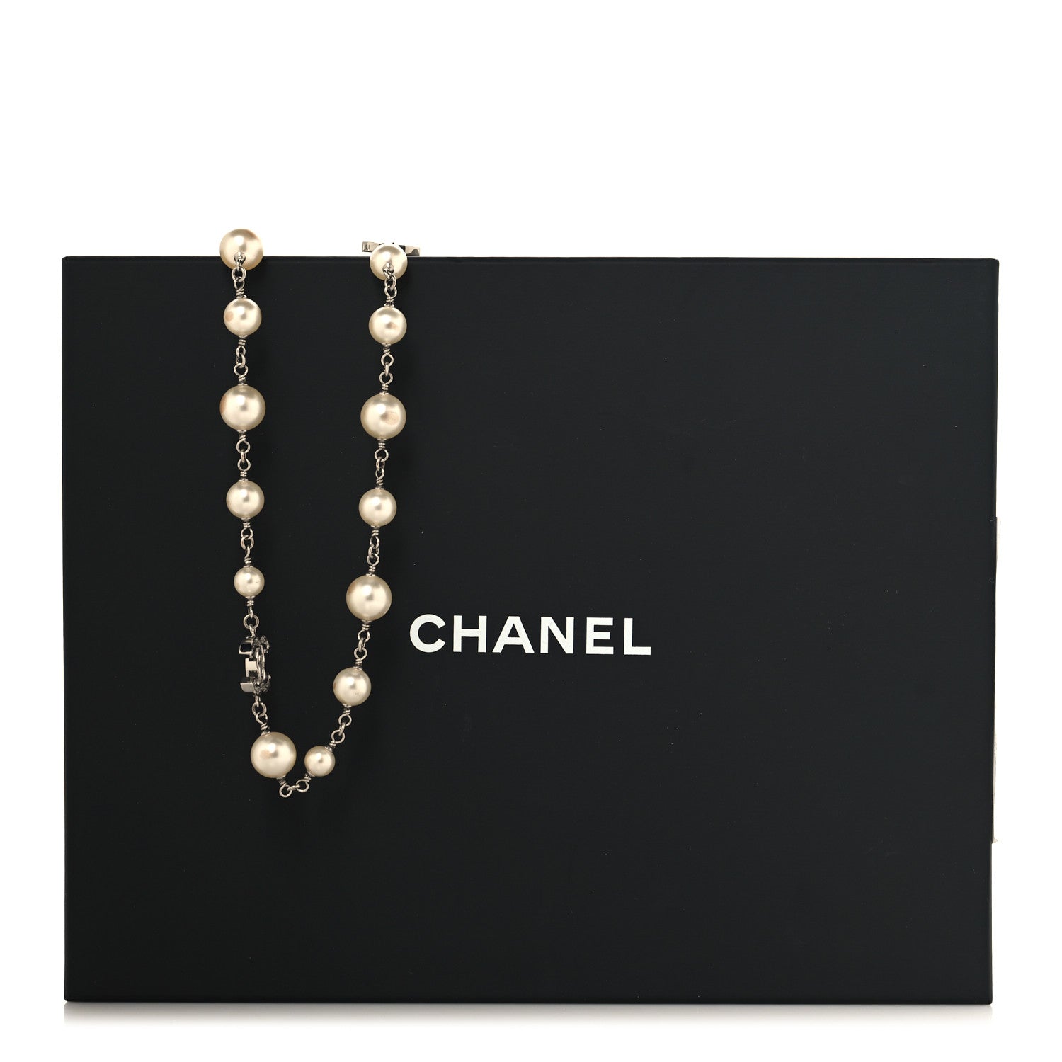 Chanel Graduated Pearl Crystal CC Long Necklace Silver 7 of 7