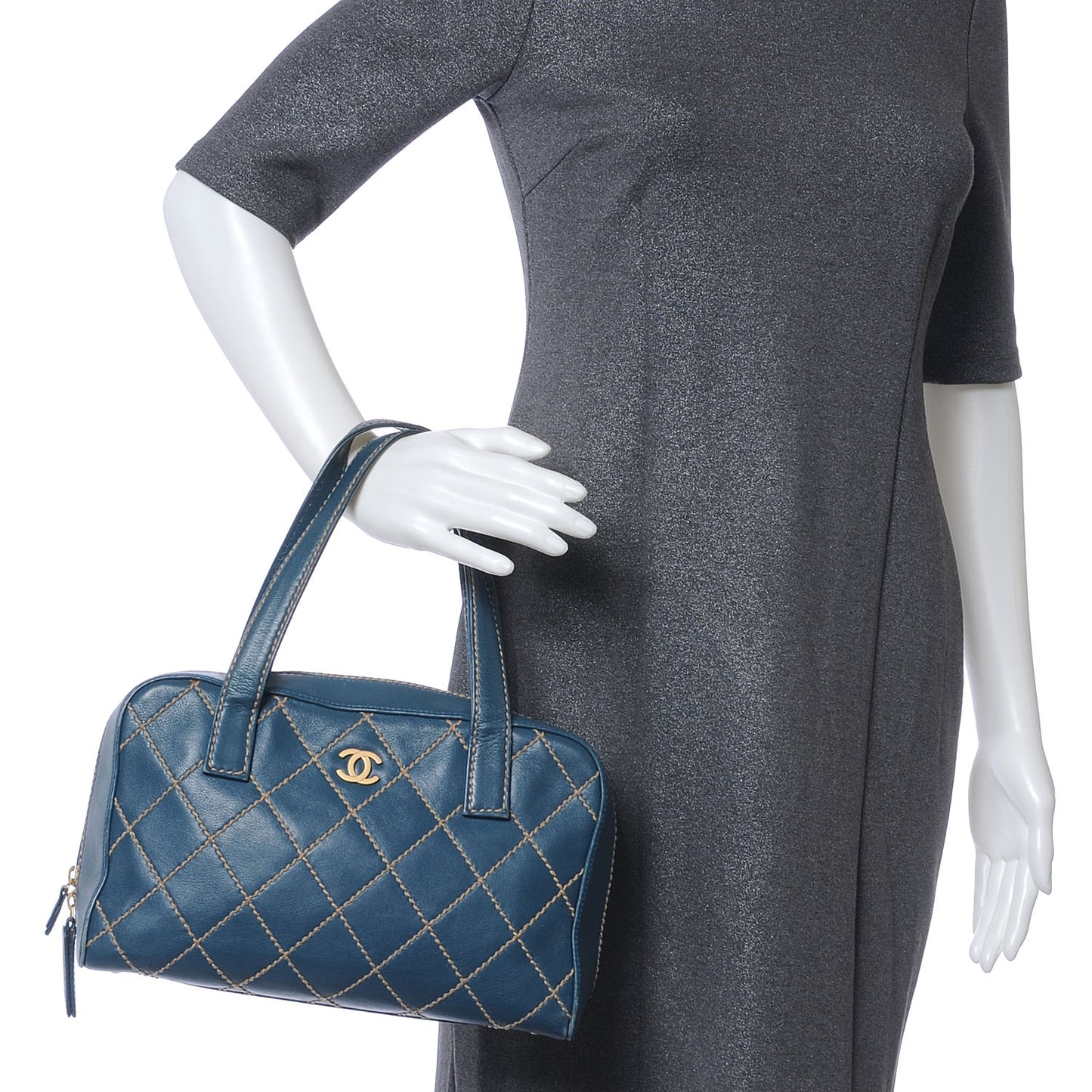 Leather Contrast Stitch Surpique Handbag Blue