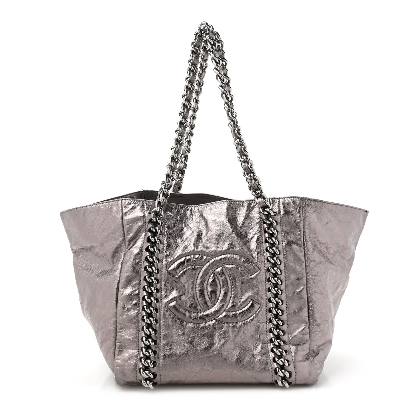 Metallic Cracked Calfskin Modern Chain Tote Dark Silver