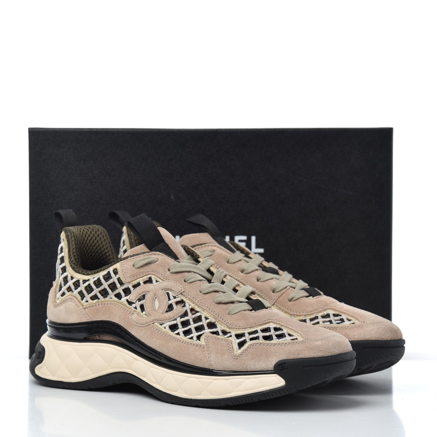 Chanel Suede Calfskin Embroidered CC Sneakers 41 Beige Black 17 of 17