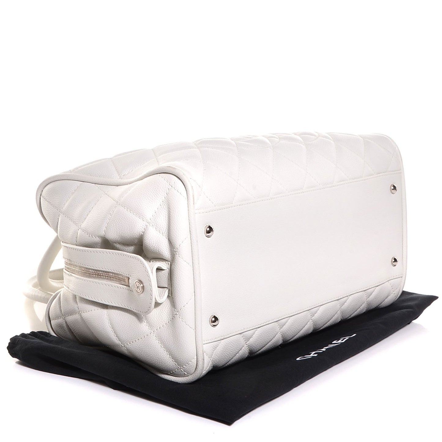 Washed Caviar Quilted Large Timeless Bowler White