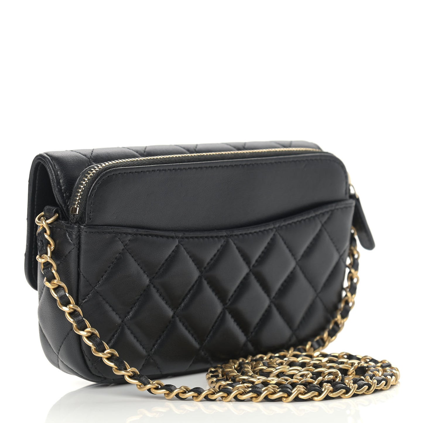 Lambskin Quilted Charm Flap Phone Holder With Chain Black