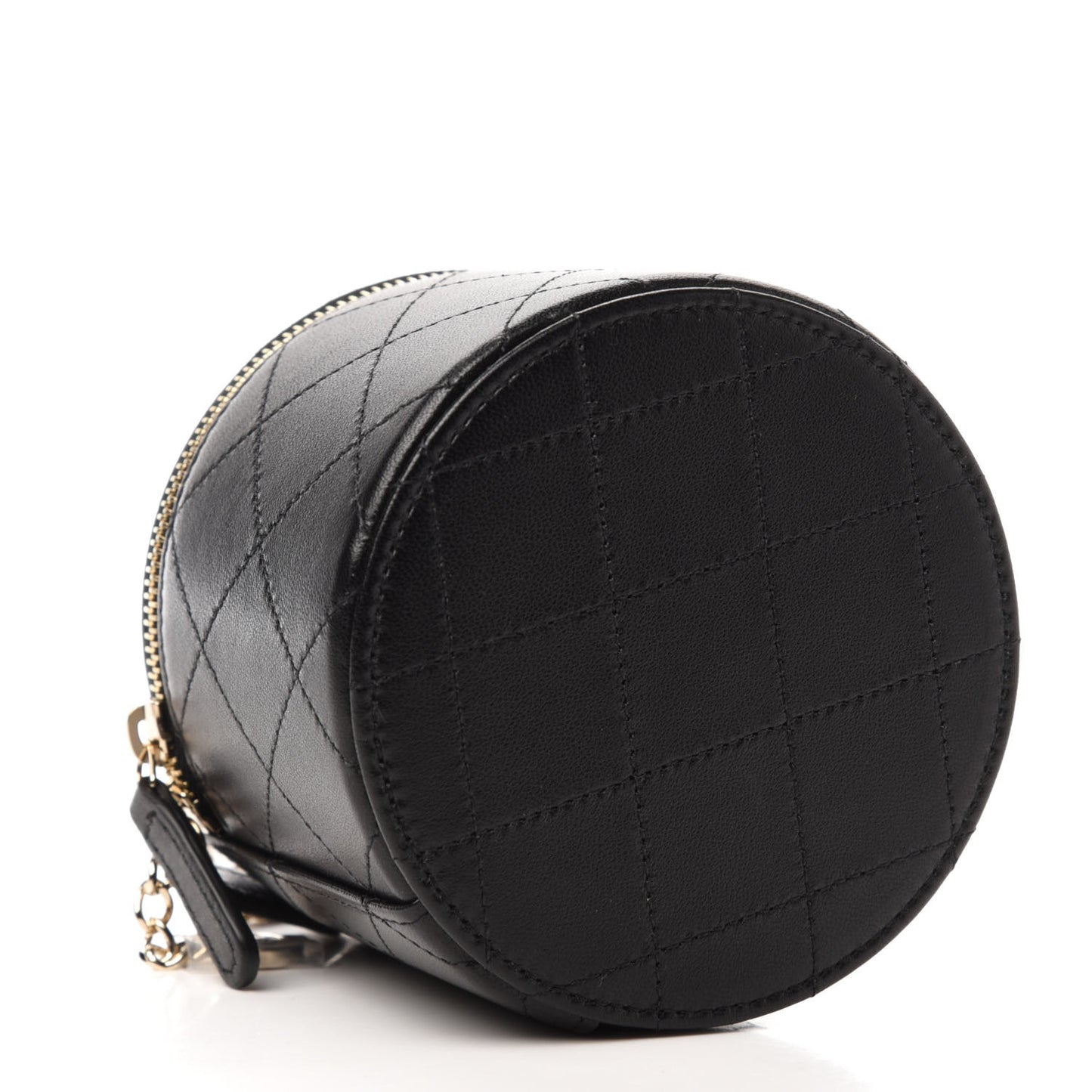 Lambskin Quilted Round Small Vanity Case With Chain Black
