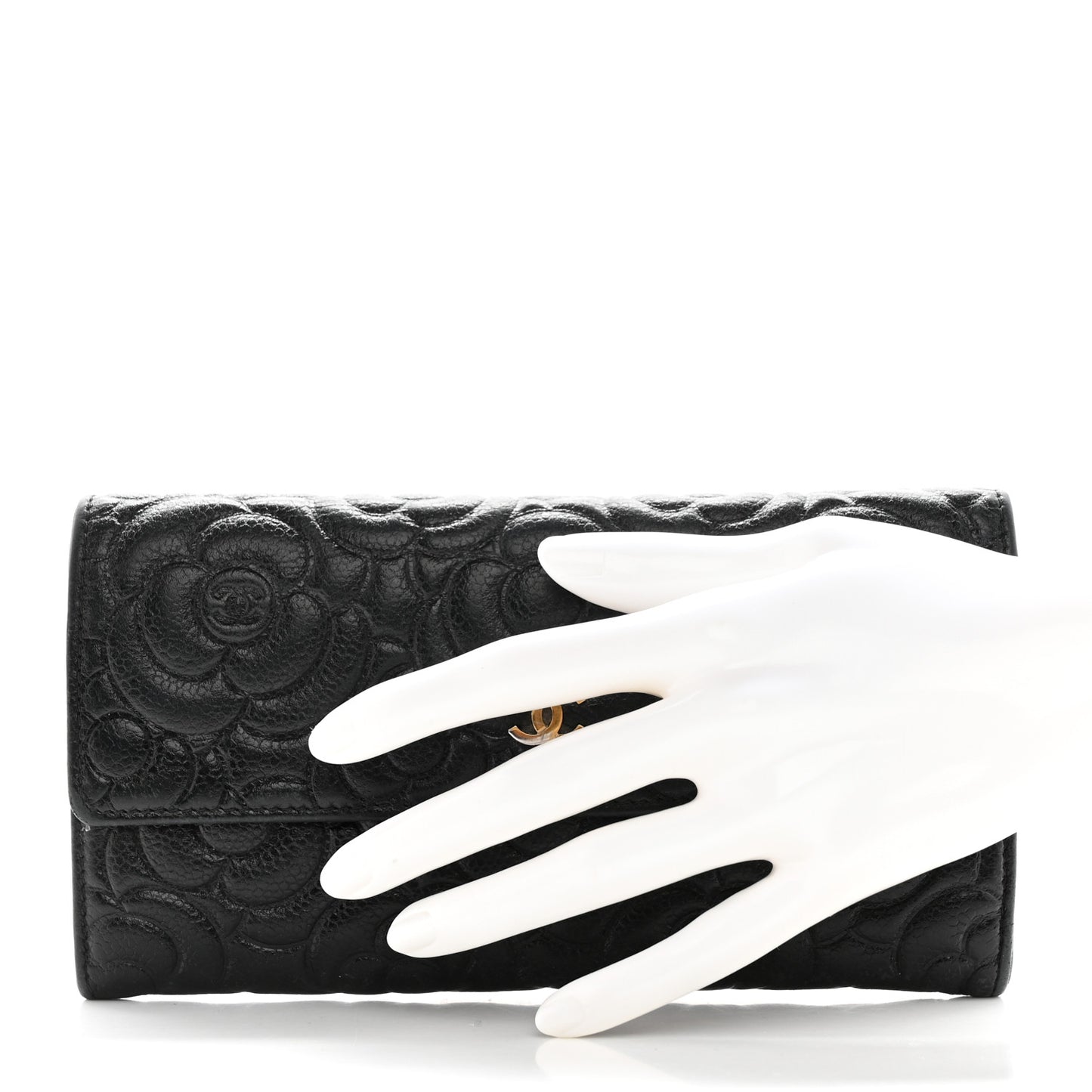 Caviar Camellia Embossed Flap Wallet Black