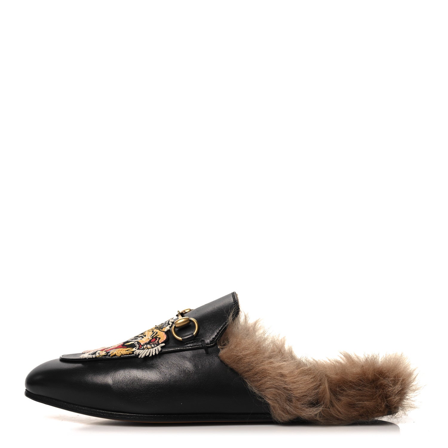 Gucci Calfskin Fur Tiger Embroidered Womens Princetown Slippers 38.5 Black 1 of 8