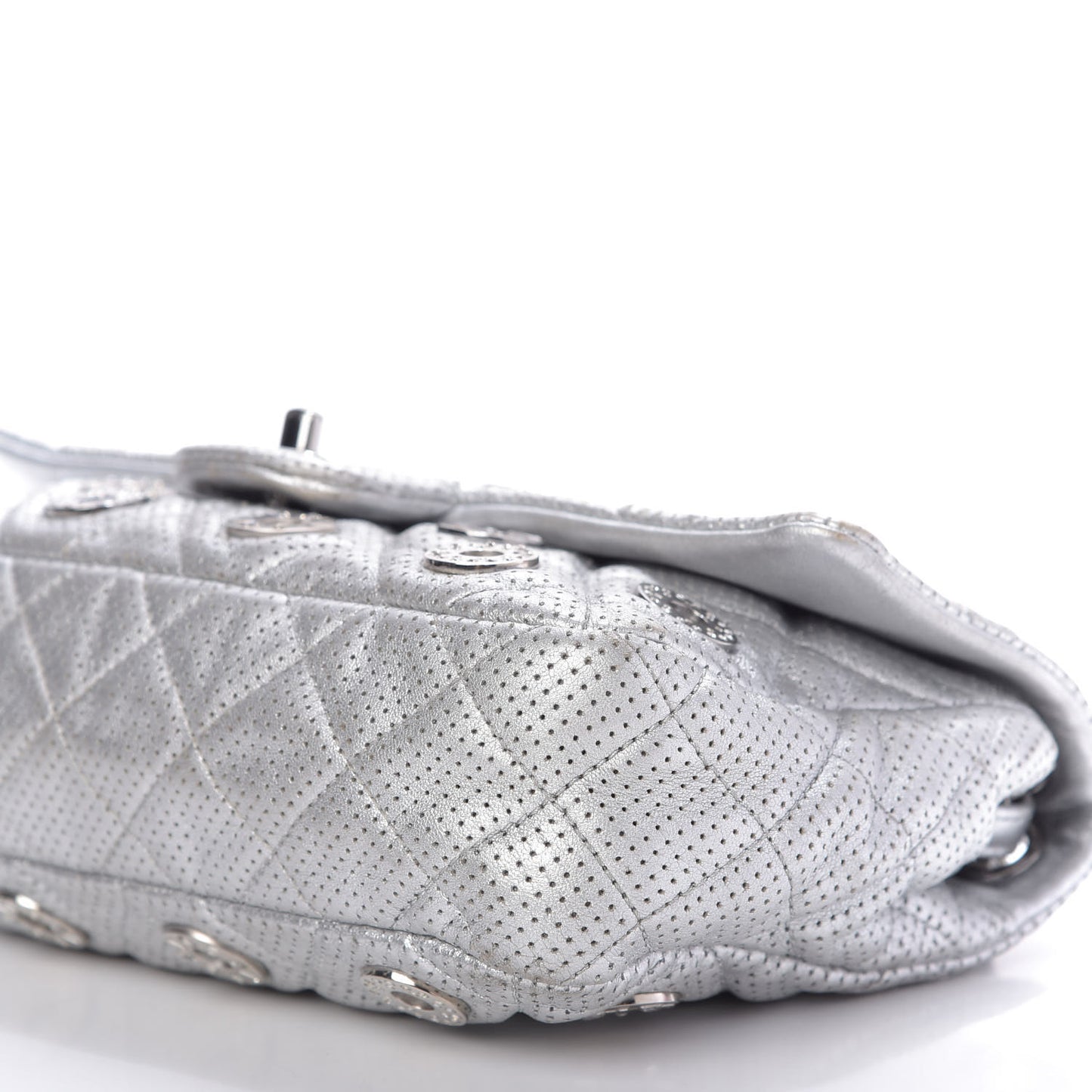 Metallic Lambskin Perforated Quilted Medium CC Medals Flap Silver
