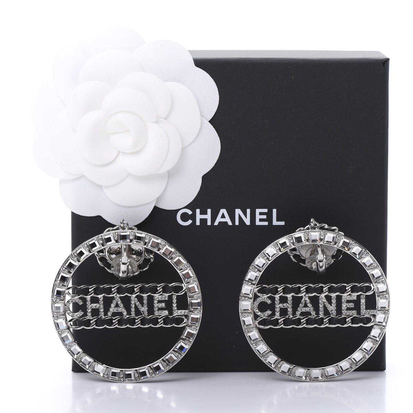 Crystal Lambskin Chain CC Hoop Clip On Earrings Black Silver