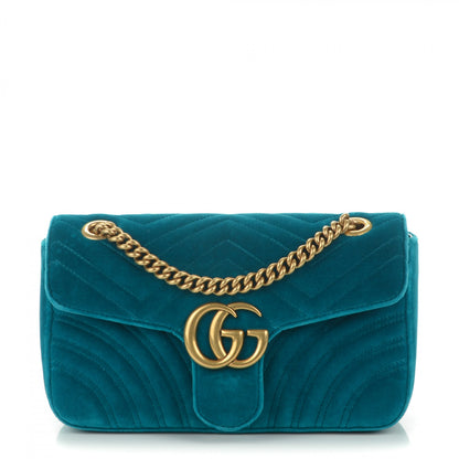 Gucci Velvet Matelasse Small GG Marmont Shoulder Bag Pavone Cyan 1 of 7