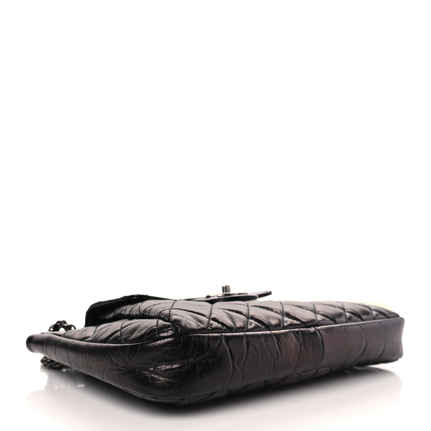 Glazed Calfskin Quilted Accordion Flap Black