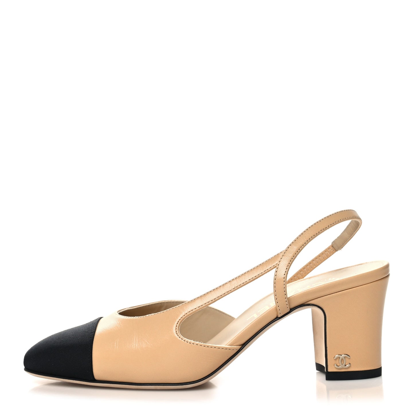 Goatskin Grosgrain Cap Toe CC Slingback Pumps 36.5 Beige Black