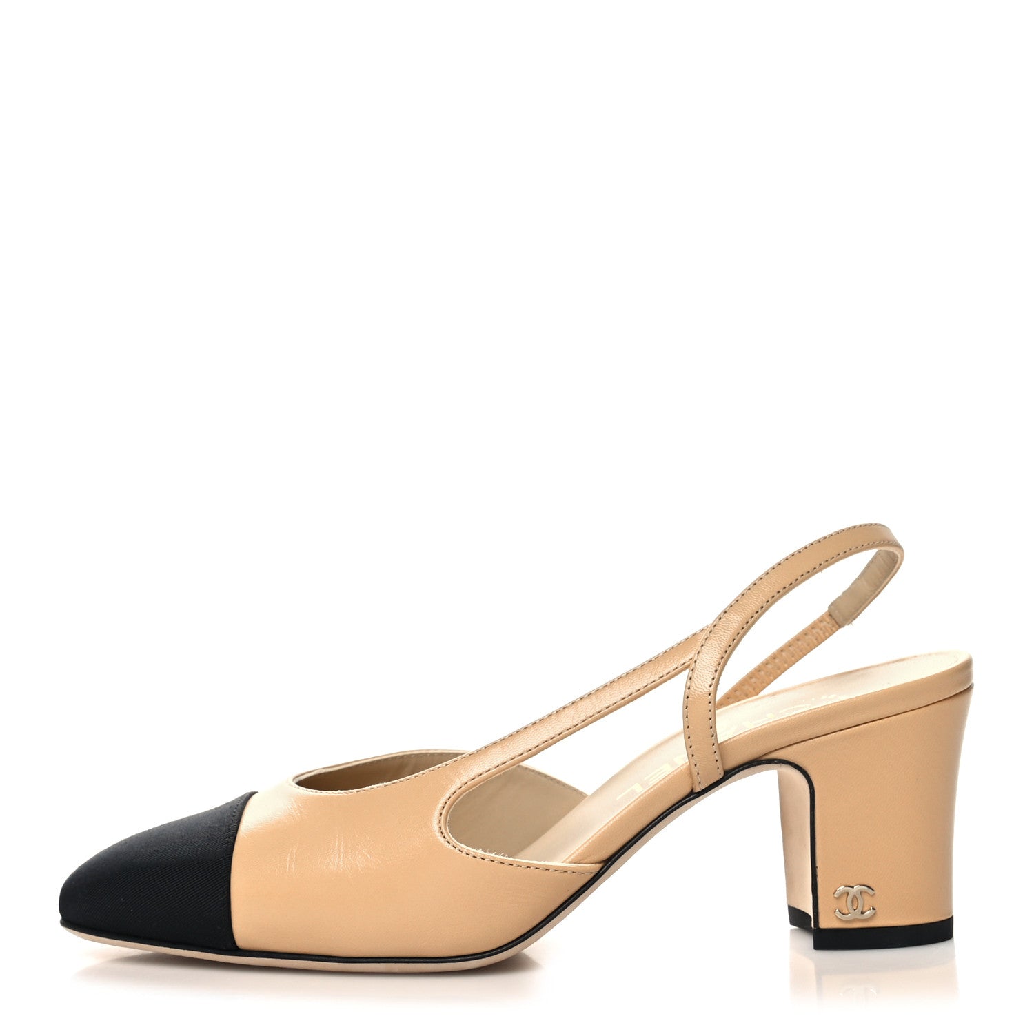 Chanel Goatskin Grosgrain Cap Toe CC Slingback Pumps 36.5 Beige Black 1 of 8