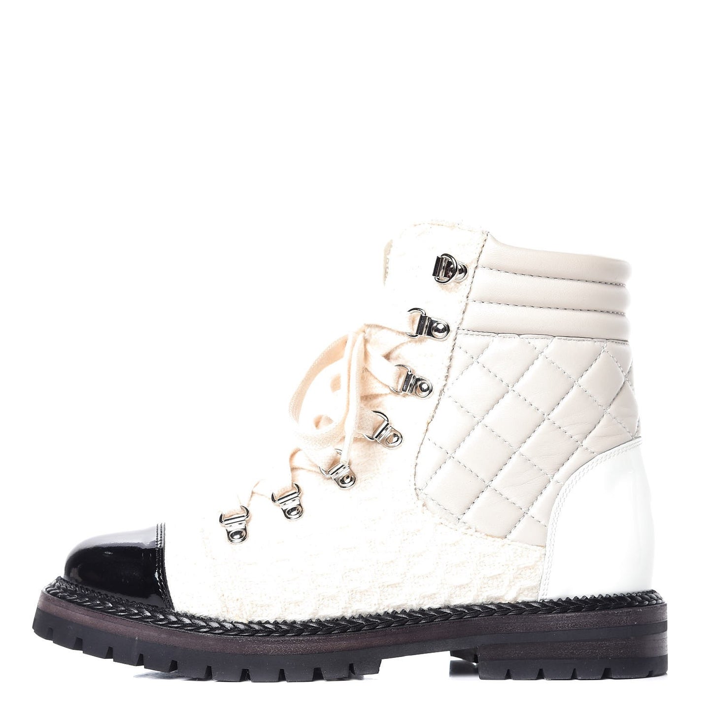 Tweed Patent Lambskin Quilted Lace Up Boots 38.5 Ivory Black