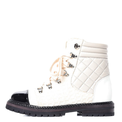 Chanel Tweed Patent Lambskin Quilted Lace Up Boots 38.5 Ivory Black 12 of 22