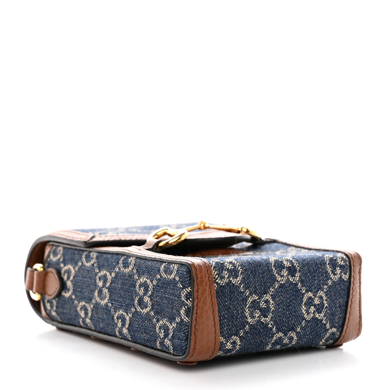 Gucci New Denim GG Monogram Dollar Calfskin Mini Horsebit 1955 Crossbody Bag Blue Tea Cuir Epilog 4 of 11