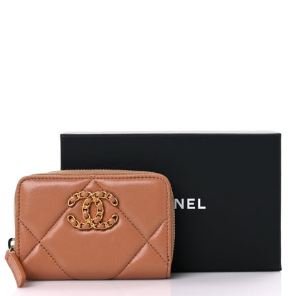 Chanel Lambskin Quilted Chanel 19 Zip Around Coin Purse Wallet Brown 9 of 9
